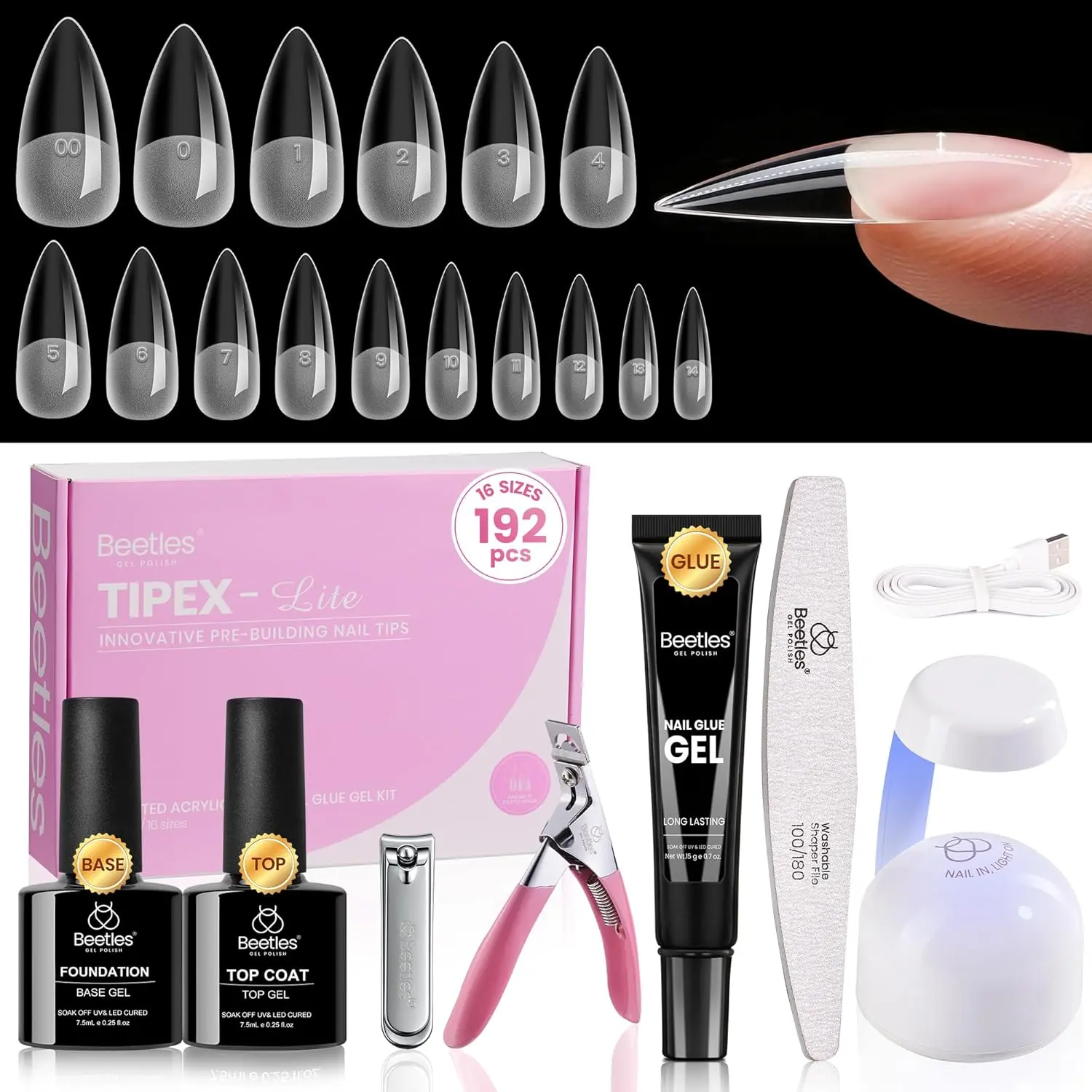 Beetles Tipex Lite Apex Nail Tips &Nail Tips Kit Stiletto Almond Square Coffin Nail Tips Pre-Building Pre-Etched Acrylic Nail Tips for Flat Nails & Natural Nail Beds Gift for Women Girls