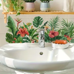 Tropical Floral & Leaf Bathroom Stickers, Lush Plant Tile Decals, Tiles Sticker, Self-Adhesive Removable Decor, Home Decor, Vibrant Wall Art for Bathrooms