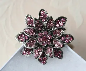 Rhinestone Pink/Purple Flower Brooch in pewter tone metal