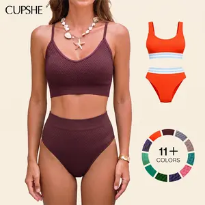 CUPSHE Women's Cocoa Hour Brown Supportive 2-Piece Bikini Set - Adjustable Straps, High-waisted, Tummy Smoothing, Classic Coverage Nylon Swimsuit with Diamond Accent, Matching 2 Piece Sets #DealsForYouDays