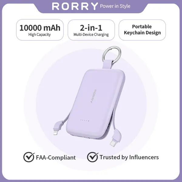 RORRY 10000mAh 30W Fast Charge Power Bank with 2 Built-in Cables Mini Keychain Portable Charger for iPhone & Android backtoschool