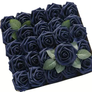Classic Style Artificial Roses, 25 Pack Pet Navy Foam Decorative Fake Flowers with Stems, DIY Wedding Bouquets, Bridal Shower Centerpieces, Party Decorations, Realistic Faux Flowers