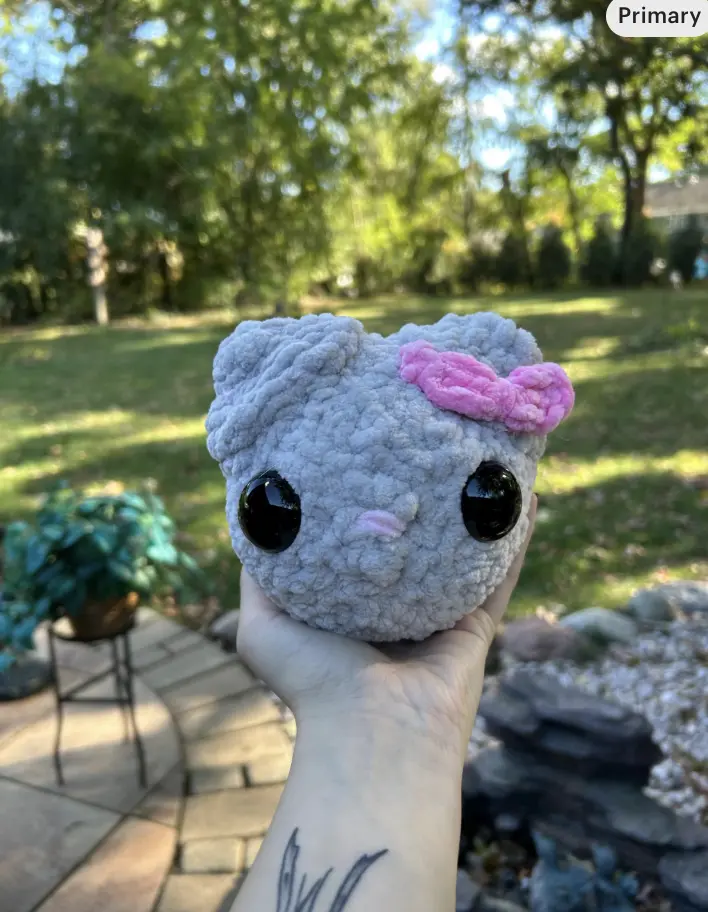 Crochet Sad Hamster Meme with Pink Bow and Large Black Eyes for Collectors