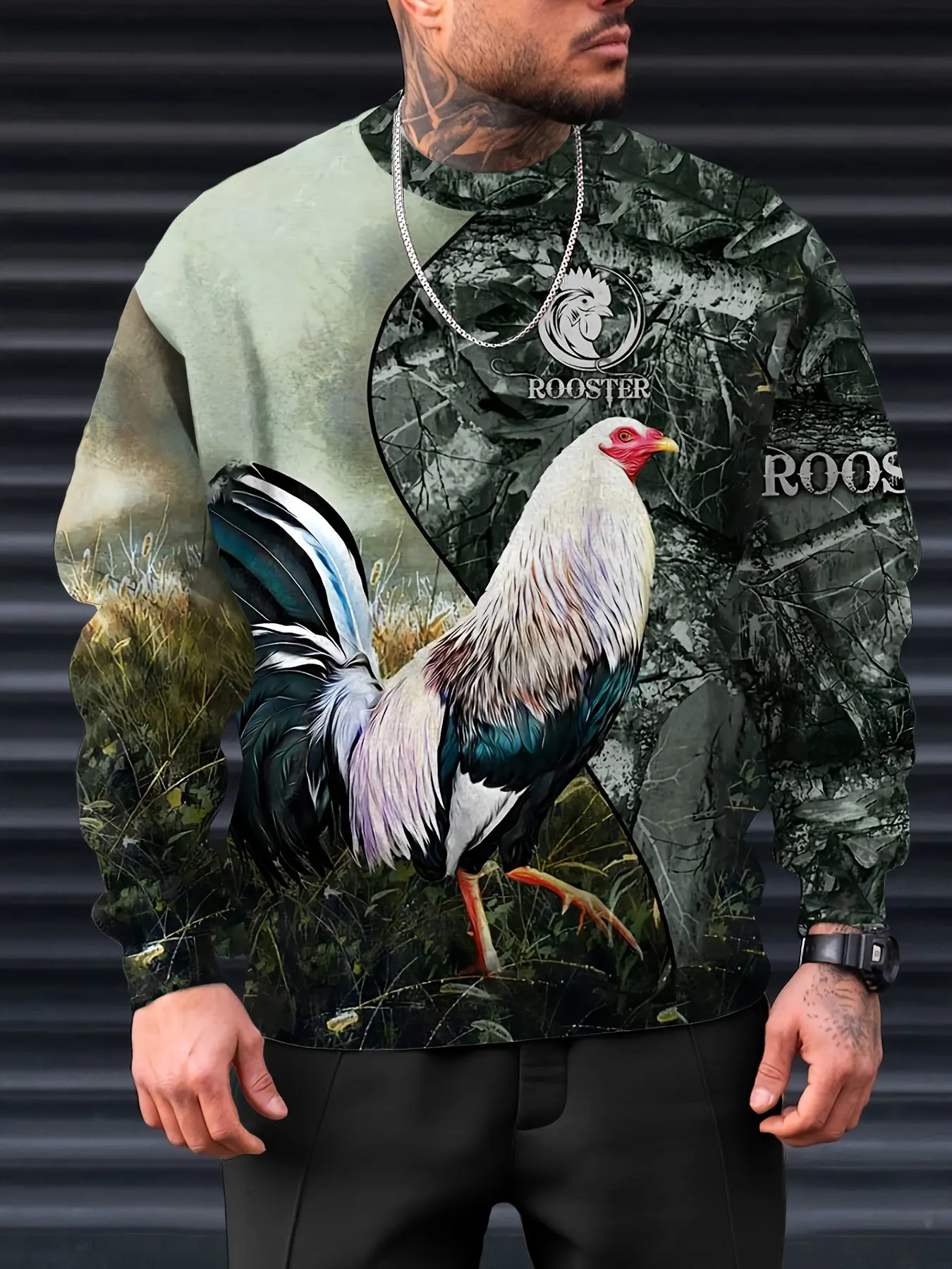 Men's Casual Sports Sweatshirt Long Sleeve Rooster Animal Print Round Neck Fitted Design for Outdoor & Leisure Wear All Season Style Party