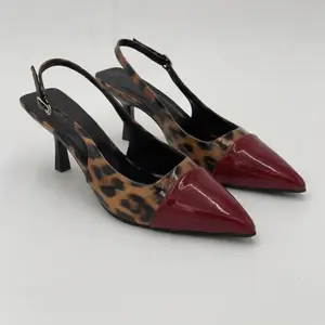 Women’s leopard print burgundy pointed-toe low-heel pumps, 2026 new arrival; elegant patent leather color-block open-back sandals, versatile for commuting
