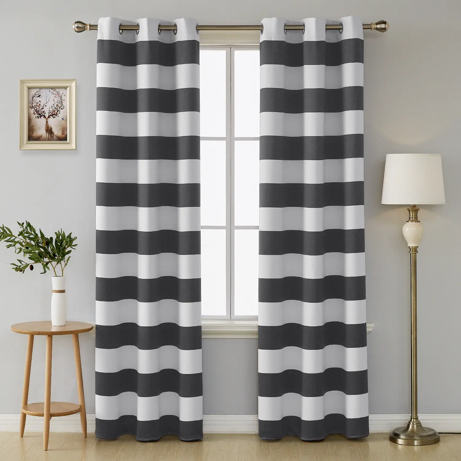 Striped Blackout Curtains | White Ring Top | No Tiebacks ，2 panels curtain