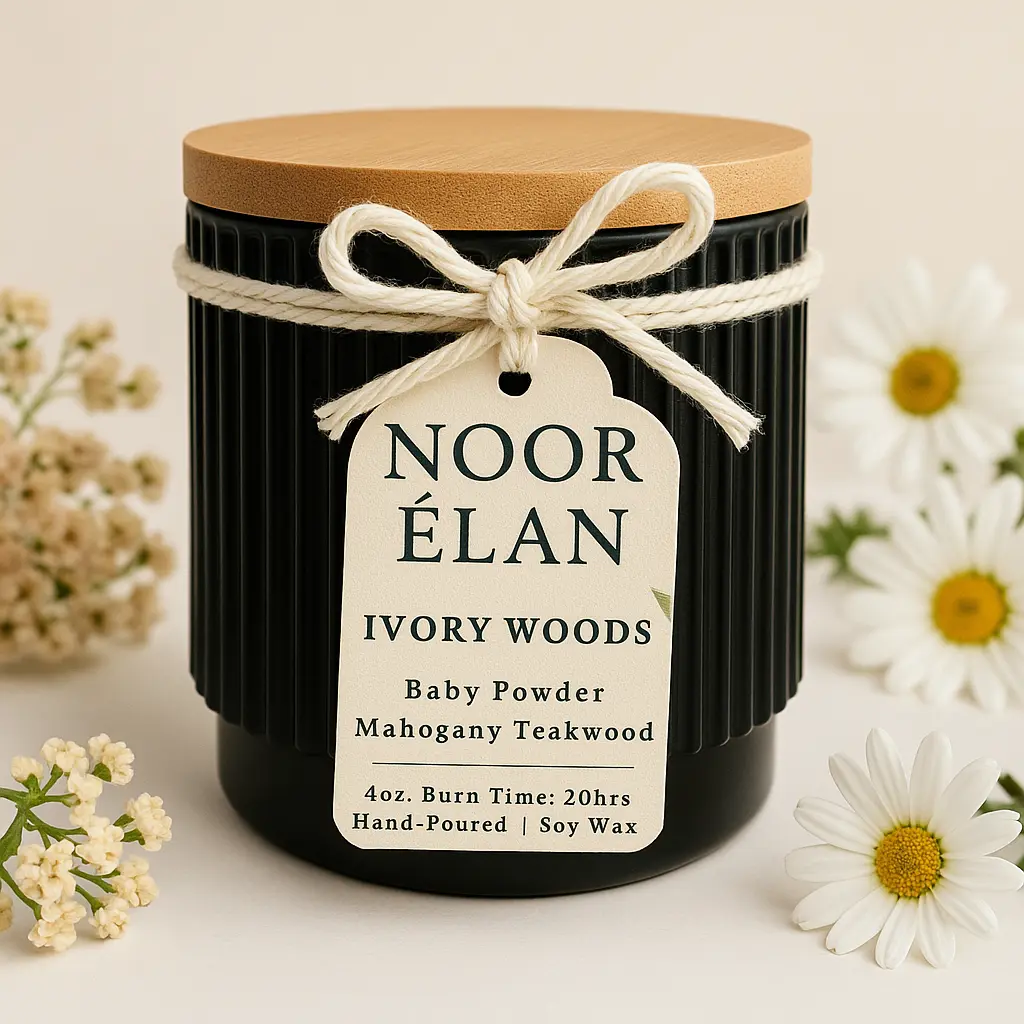 Noor Elan Ivory Woods Candle Baby Powder Mahogany Teakwood 55 Hours Burn Time Hand-Poured Soy Wax Black Container with Wooden Lid and Decorative Bow