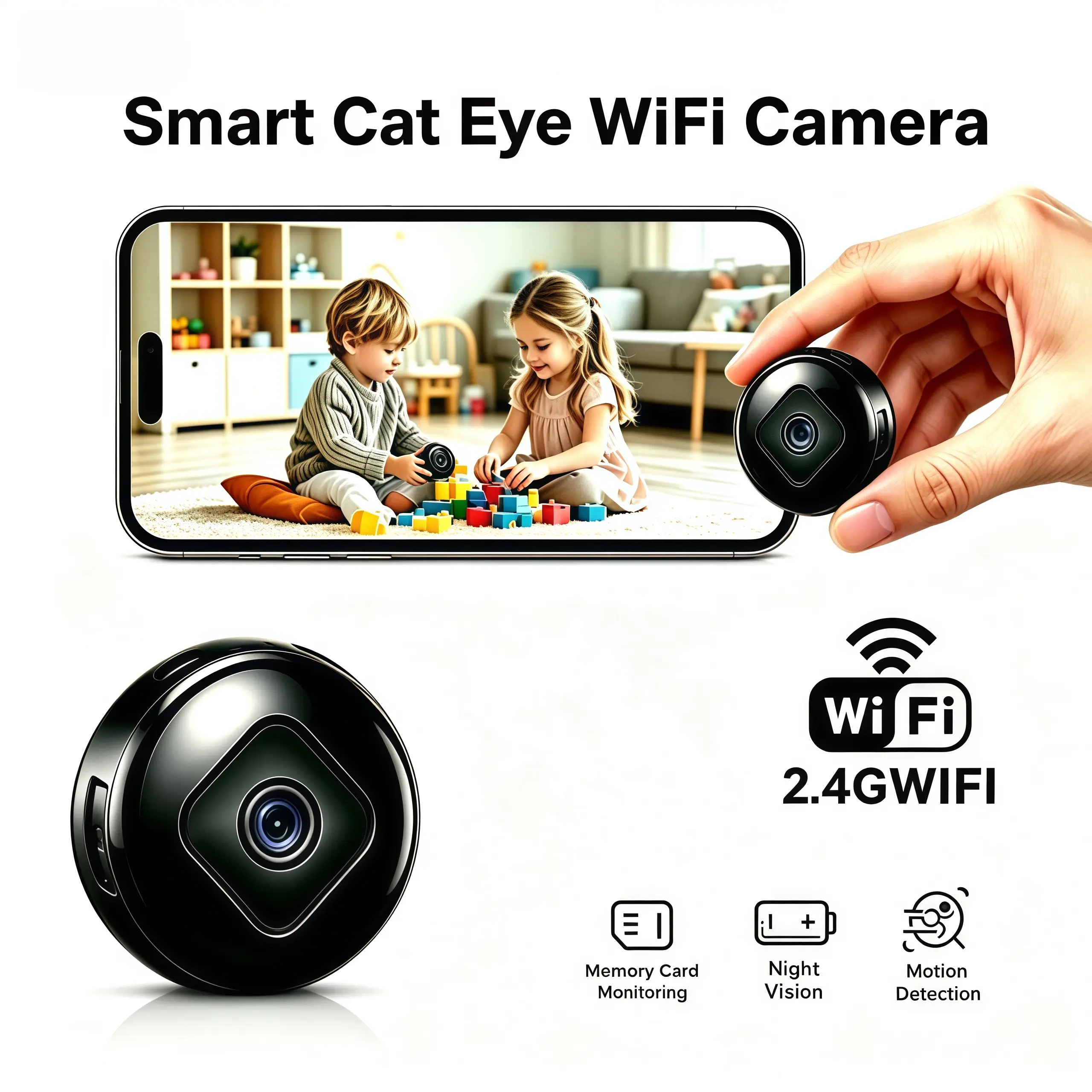Mini Wireless Security Camera, 2.4GHz WiFi Indoor Surveillance Cam, Night Vision, Motion Detection Alerts,360° Rotatable Magnetic Mount, USB Powered, Remote Live Recording, Supports SD Card & Cloud Storage, Adjustable Lens for Home & Baby Monitoring, Conn