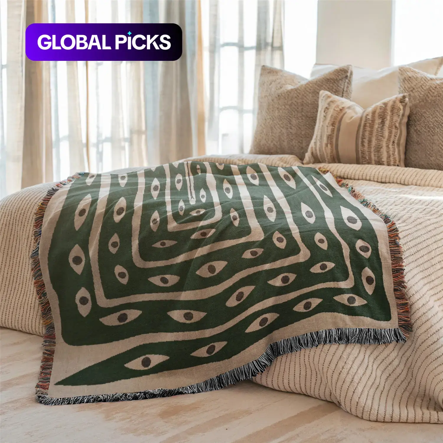 Multi-Function Tassel Woven Home Textile Blanket, Soft Cozy Green Eye Geometric Pattern Bed Blanket, Throw for Sofa, Couch and Armchair, Home Decor for Indoor and Outdoor Picnic, Camping and Beach #GLOBAL PICKS