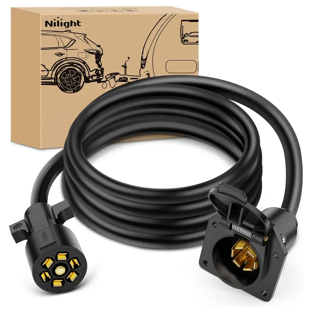 Nilight 7-Way Trailer Plug Socket Extension Cable, 8FT Springlocked Plug with 12FT PVC Cord, Universal Standard Color-Coded Wires, Weatherproof Durable Cover-Protected Automotive Wire Accessory with Diagram