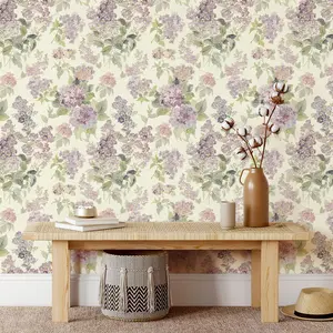 Floral Peel and Stick Wallpaper Pink Purple Lilac Flower Wallpaper Removable Contact Paper Self Adhesive Green Leaf Wall Paper for Bedroom Furniture Decor 17.3X393IN
