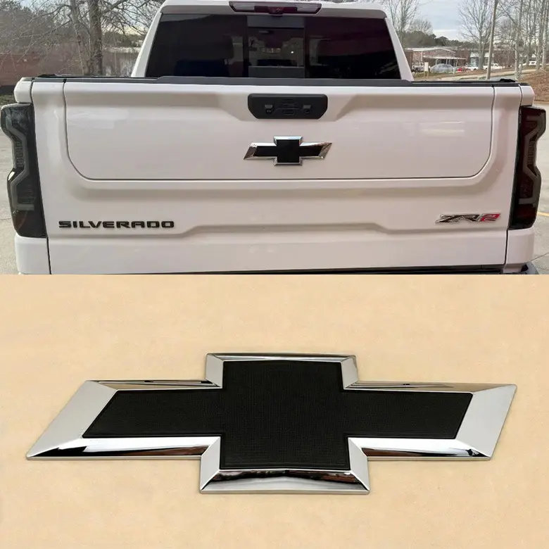 Tailgate Rear Bowtie Shape Replacement Emblem - Automotive Peel & Stick Vehicle Exterior Decoration for 2019-2026 Silverado 1500, 2500HD, 3500HD (Chrome/Gloss Black), 1 Pack, Car Accessories