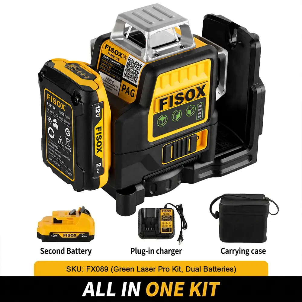 【FISOX】12V Lithium Green Beam 16-Line Self-Leveling Laser Level, 360° Horizontal & Vertical Coverage, IP65 Waterproof & Shockproof Over-Molded Housing - Ideal for Summer Outdoor Projects and Home Renovations