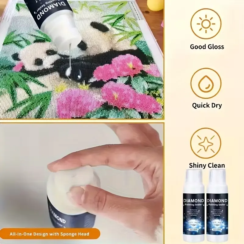 1 set of diamond painting sealer, 2 bottles per set, 120 milliliters/4.06 ounces per bottle. Diamond art pigment, EVA crystal agent, diamond art sealing agent. The permanent sparkling diamond art seal kit is suitable for protecting diamond paintings