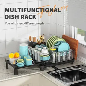 Kitchen Dish Drainage Rack Carbon Steel Double-layer Retractable Cup And Cutting Board Holder Bowl Plate Tableware Sink Kitchen Utensil Drying Organizer with Cutlery Box