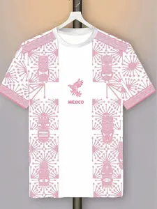 Men's Mexican Football Shirt, Sports Jersey, Stylish Jersey, Eagle Round Neck Comfortable Breathable Top, Face Statue Print, Sports Wear for Training & Casual Use