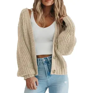 Women's Chunky Knit Open Front Sweater Long Sleeve Button Loose Short Cardigan Outerwear Coats Winter Knitwear Casual Womenswear