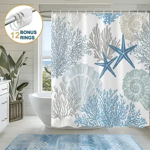 Blue Coastal Shower Curtain with Hooks, 72 x 72 Inch Heavy-Duty Water-Repellent Fabric Bathroom Curtain, Mold and Mildew Resistant, Weighted Hem, Machine Washable