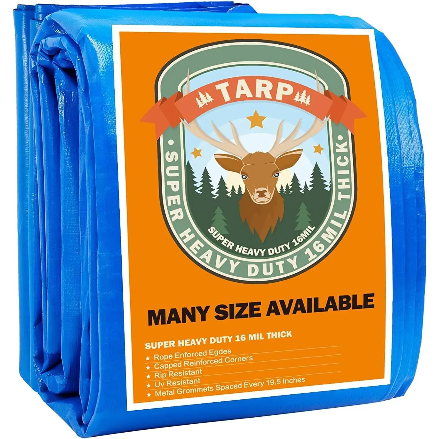 Durable 8'x8' Plastic Tarpaulin - 16 Mils Thick, Heavy Duty Weather Resistant, Metal Grommets Every 19.5 In, Emergency Rain Shelter, Outdoor Cover