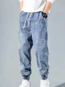 Men's Loose Fit Cuffed Jeans, Snowflake Wash Elastic Waist Design, Comfortable Casual Long Pants, Stylish Denim for Everyday Wear