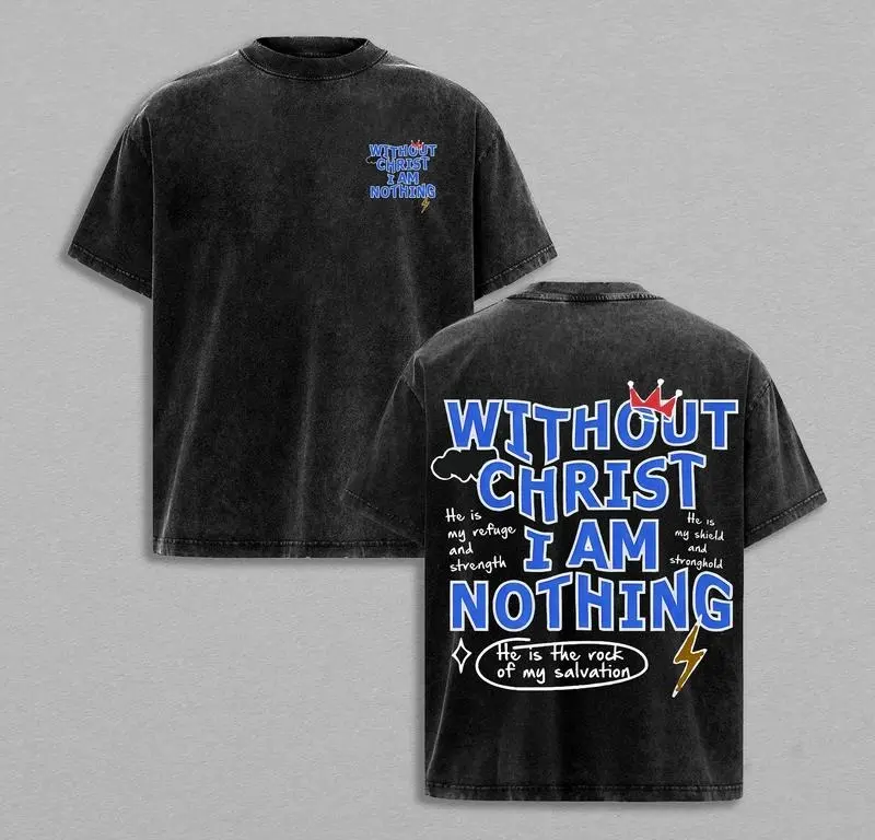 Men's Vintage Washed Distressed Christian Crew Neck Cotton T-Shirt - "Without Christ I Am Nothing" Faith-Based Clothes, Short-Sleeve Casual Graphic Apparel for Daily Wear, All Seasons Bible Quote Tops