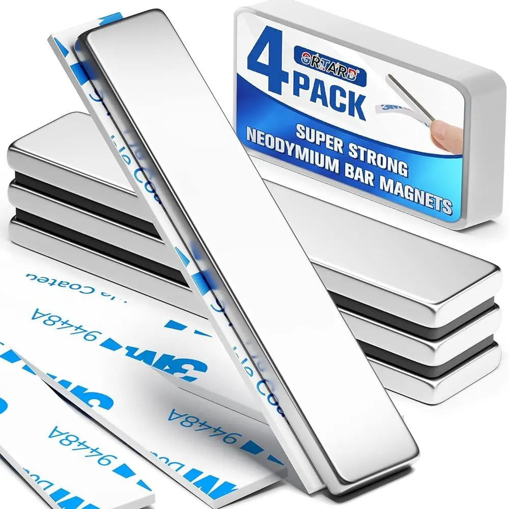 4Pack Neodymium Magnet Bar, Powerful Bar Magnets, Magnet Strips Heavy Duty, Strong Rare Earth Magnets with Double-Sided Adhesive for Craft, Fridge, Kitchen, Office - 60 x 10 x 3 mm