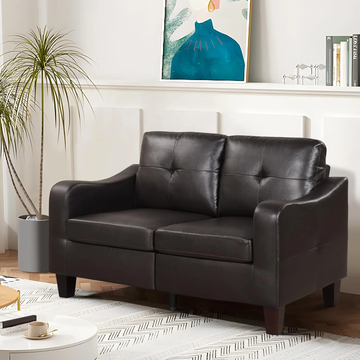 EBELLO Modern Faux Leather Sofa Couch – 2-Seater and 3-Seater Options Available, Upholstered Loveseat or Sofa with Wood Frame and Sturdy Legs for Living Room, Bedroom, or Apartment, Dark Brown