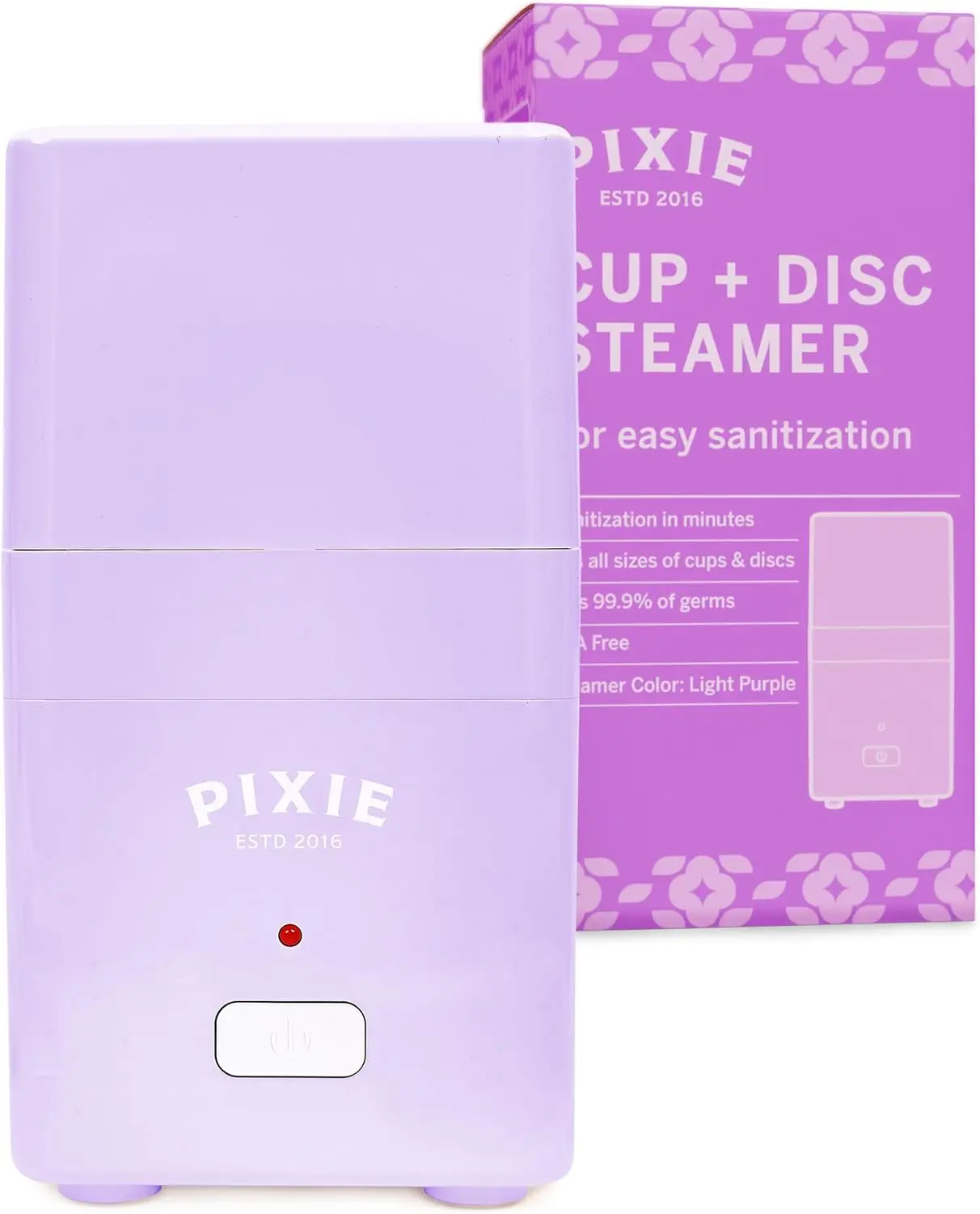 Pixie Menstrual Cup Sterilizer for Feminine Care - Ranked 1 for The Best Steamer - Kills 99.9% of Germs with Steam - Wash Your Period Disc or Cup in 3 Minutes! - Automatic Timing Shut-Off Switch