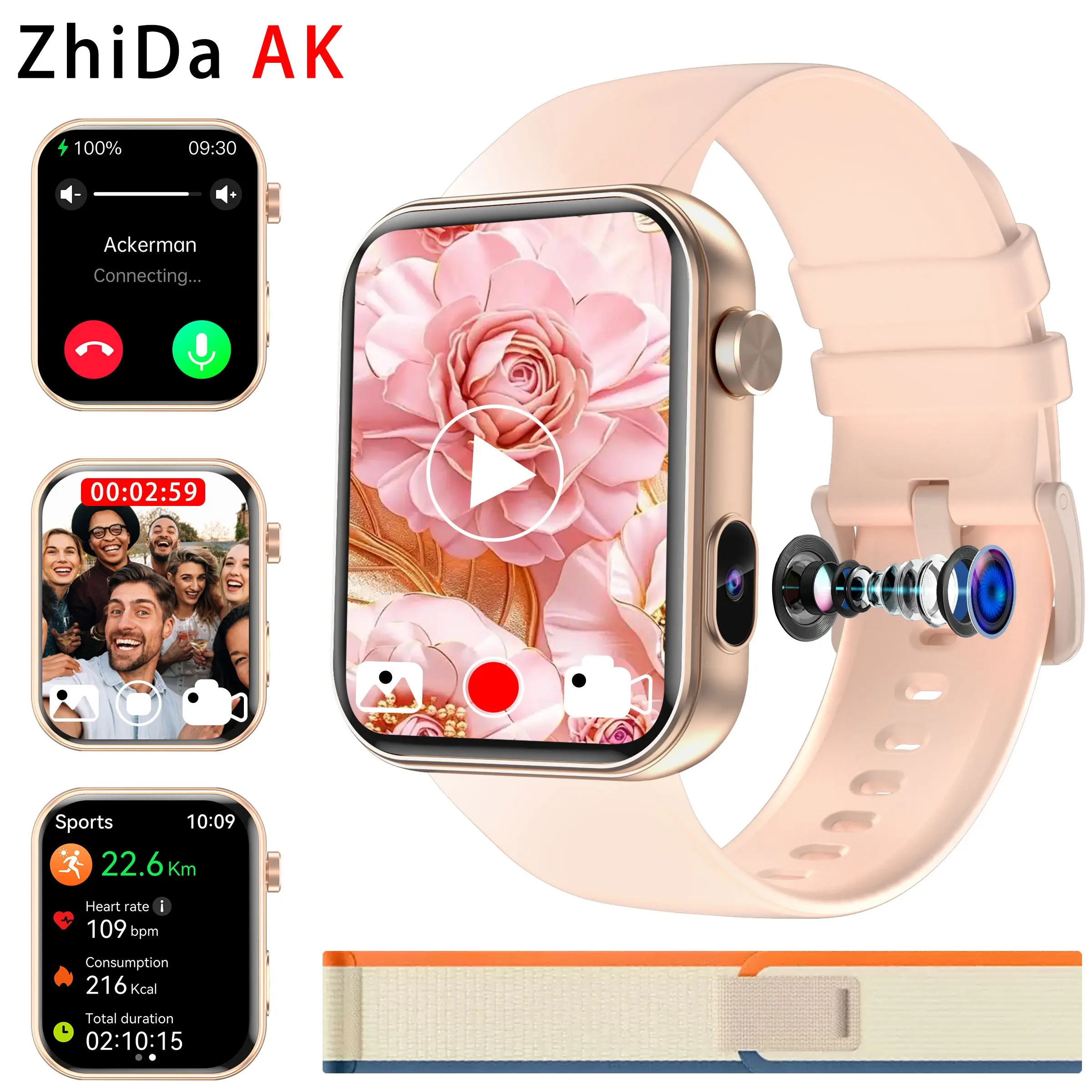 Zhida AK's camera smartwatch, Smartwatch with calls, with 256MB memory for video recording, photography, and audio recording, Bluetooth calling and message notifications, with 100+sports modes, vivid video dials, supports iOS/Android, perfect holiday gift