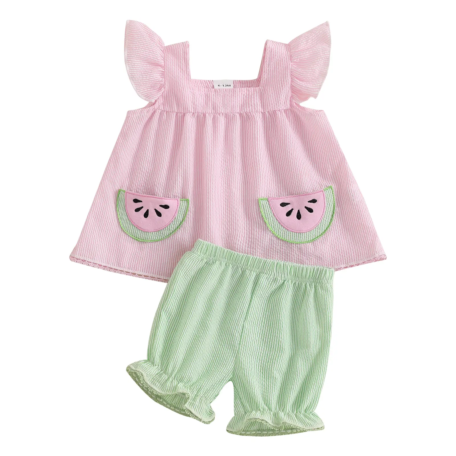 Newborn Baby Girl Clothes Fly Sleeve Watermelon Embroidered Tank Top Ruffle Stripe Shorts Cute Infant Summer Outfits #Springtok