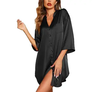 Satin Nightgowns for Women Silk Sleepwear Button Down Sleepshirt 3/4 Sleeve V-Neck Nightshirts with Pockets