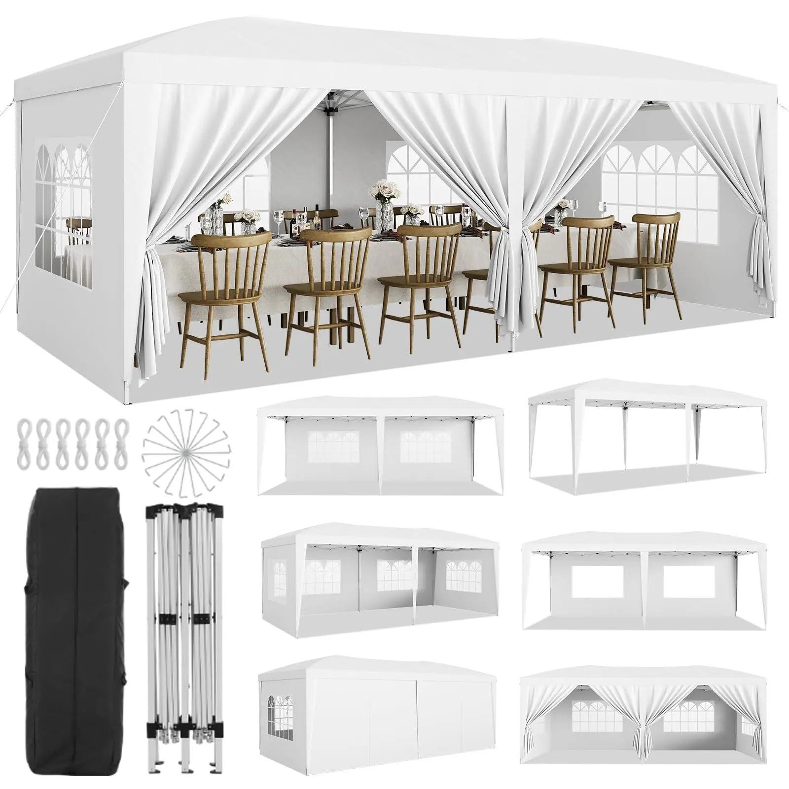 GARVEE 10x20 Heavy Duty Pop Up Canopy Tent with 6 Removable Sidewalls, Easy Up Commercial Canopy Tents for Parties, Large Outdoor Canopies with 3 Adjustable Heights, Stakes X18, Ropes X6,White