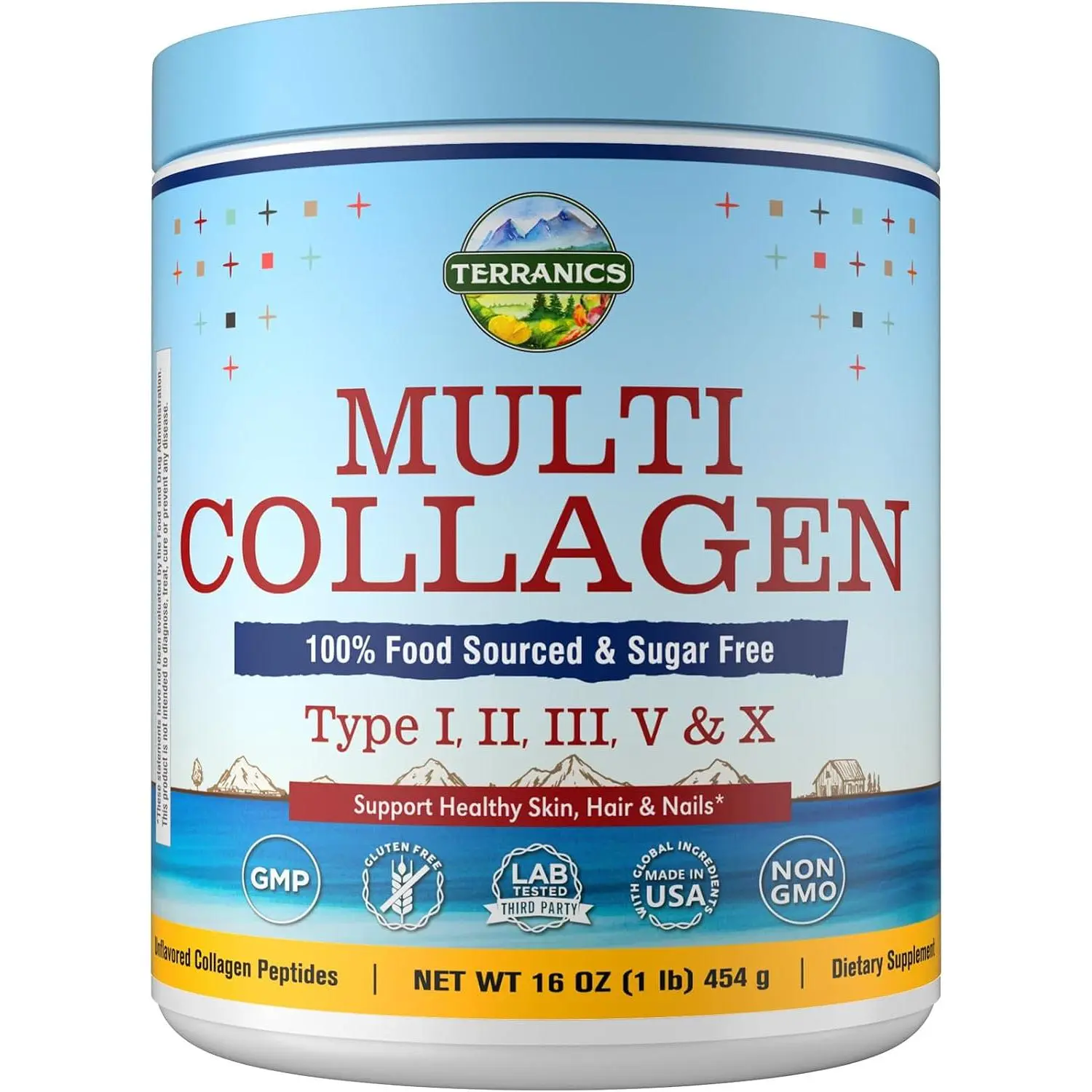 Terranics Multi Collagen Peptides Powder, Dietary Hydrolyzed Type I,II,III,V,X Collagen Supplement for Women & Men, Fast-Dissolve, Unflavored, No Sugar, Keto-Friendly, 16oz
