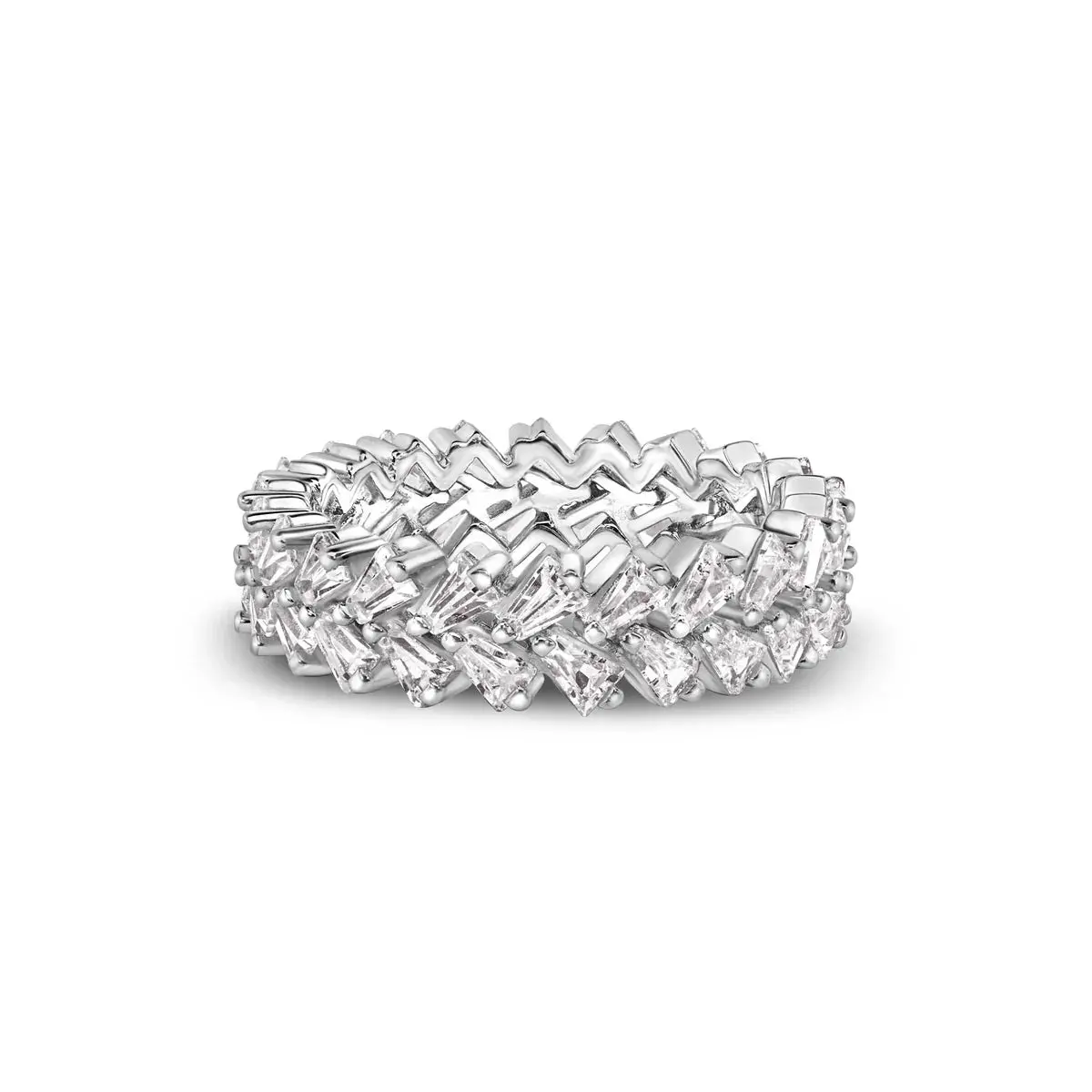 Rhodium Plated 925 Sterling Silver Moissanite Double Eternity Band Baguette Ring