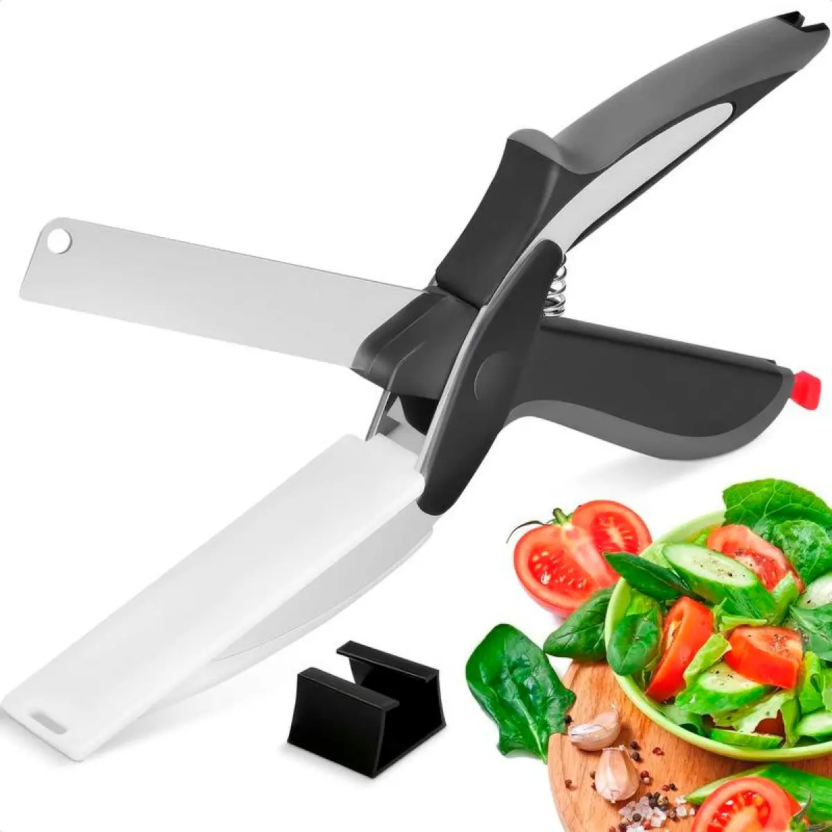 2-in-1 Stainless Steel Blade Kitchen Scissors with Plastic Cutting Board, Safety Lock & 9.6in Tomato Knife – Easy-to-Use Home Supplies for Food, Meat, Cheese