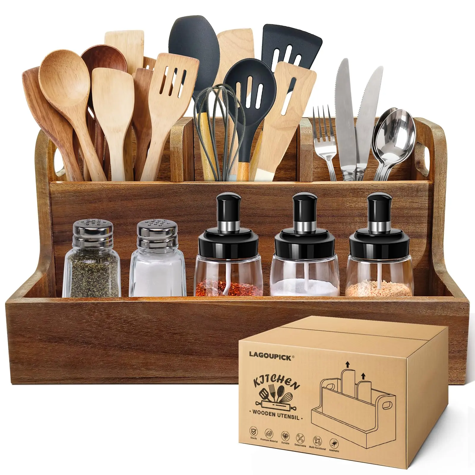 Ktchen Utensil Holder for Countertop with 4 Compartments, Acacia Large Utensil Holder Wooden Storage for Cooking, Baking, Flatware Tool, Kitchen Utensil Organizer