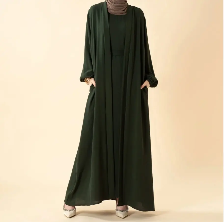 Women's MOA092 Muslim Clothing 3-Piece Abaya Dress Set - Solid Color Elegant Loose Open Front Abaya, Breathable Fabric Full-Length Jilbab, Pocketed Summer Modern Outfits, Loose Open Abaya