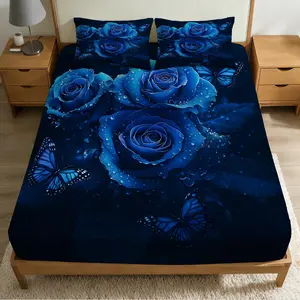 2/3Pcs Blue Rose And Butterfly Pattern Fitted Sheet Set(1*Fitted Sheet+1/2*Pillowcase, No Filling),High-Definition Digital Printed ,100% Polyester Fiber,Machine Washable,With Zipper,A Perfect Gift For Family And Friends All Year Round!