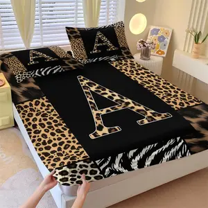 Leopard Initial Letter Fitted Sheet Set, 1 Fitted Sheet + 2 Pillowcases - 3 Piece, Cheetah Zebra Animal Print Western Style Soft Microfiber Wrinkle Free Breathable Bedding, Deep Pocket Design, Gift for Leopard Print Lovers Women Men