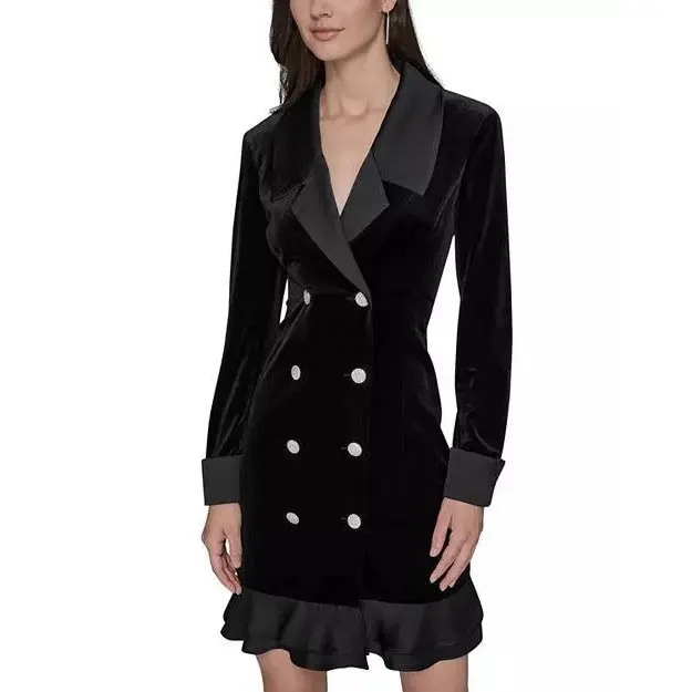 Karl Lagerfeld Women's Elegant Solid Velvet Lapel Fitted Blazer Dress - Full-Long Sleeves, Stretch Polyester, Short Hem, Formal Party/Cocktail Wear