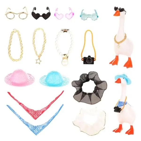 14-Piece 7in Desk Goose Outfits Set - Mini Chain Collar, Headwear, Bandana, Sunglasses - Funny Small Bird Figure Miniatures Accessories for Magnetic Geese Statue Home Decor