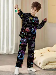 2-piece Colorful Music Party Boys' Digital Print Long-sleeve Pajamas with Long Pajama Pants, Flame-retardant Fabric. Stylish, trendy, casual, comfortable and soft pajama set, suitable for sleeping and home leisure. 100% polyester, suitable for boys' home