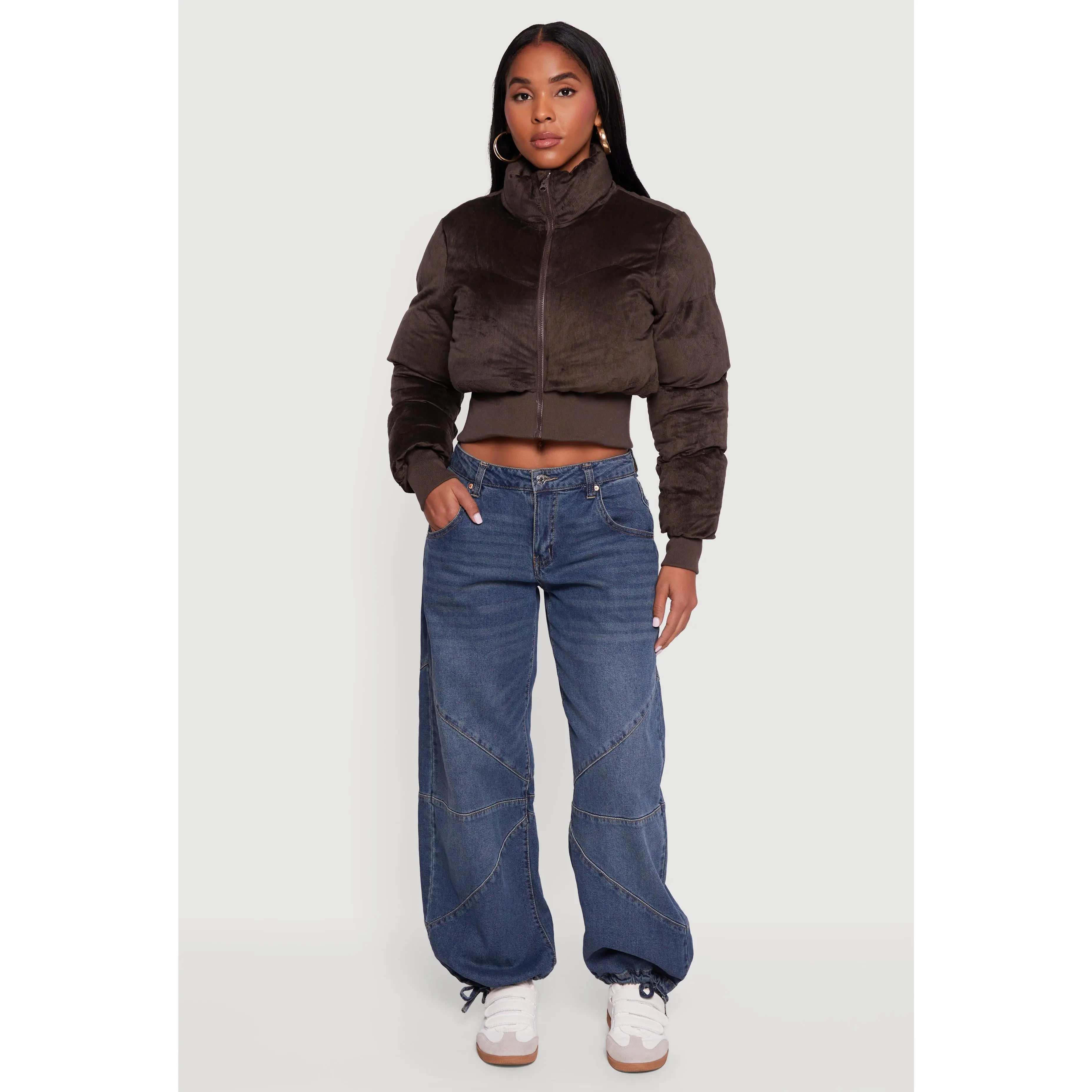 Corduroy Zip Front Mock Neck Cropped Puffer Jacket