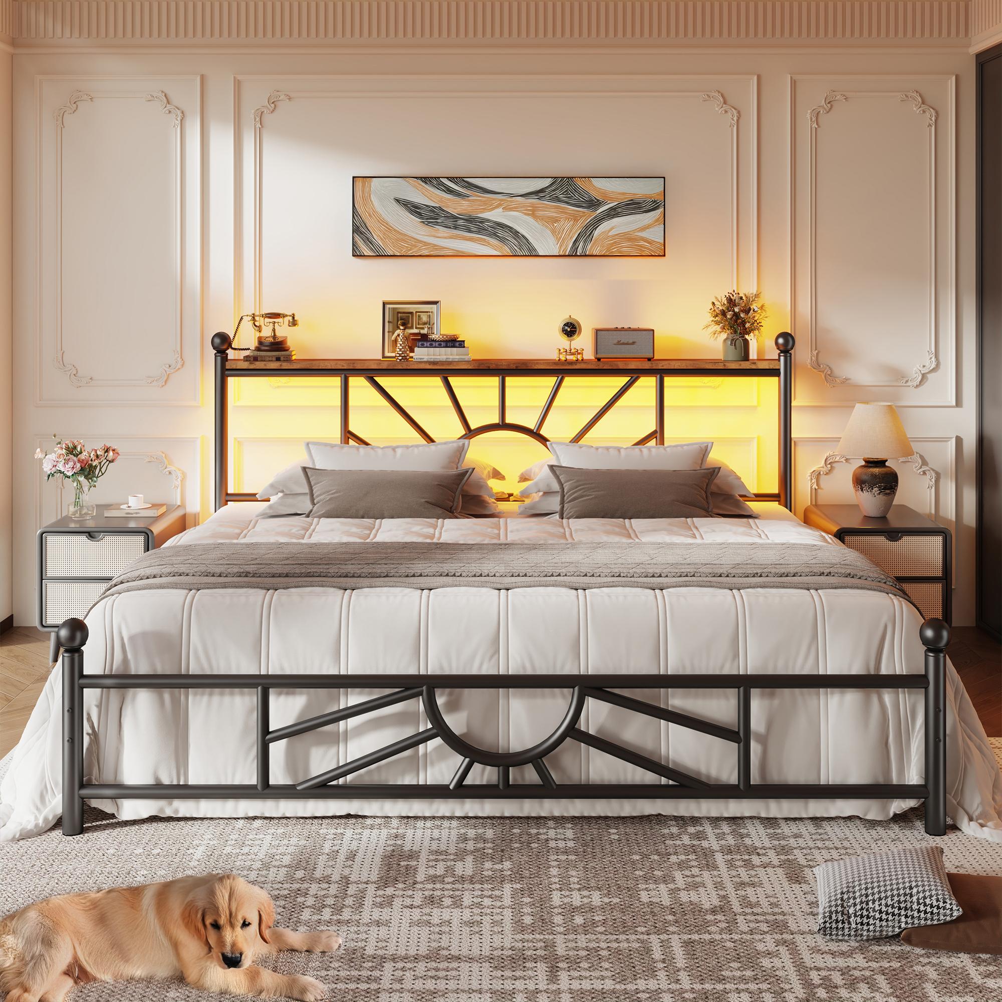 【1300 lbs Capacity】King Queen Full Metal Bed Frame with Headboard & LED, NO MATTRESS,Under Bed Storage Space & Strong Metal Slats, Iron Bed Frame, Noise-Free, Easy Assembly, Modern Bedroom Furniture,Easy Assembly,Black