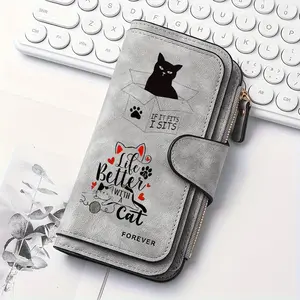 1pc cute cat pattern long wallet for women, multi-functional wallet, portable snap coin purse, a birthday gift and daily commuting essential, perfect holiday gift, suitable for outdoor, travel and family use, 2.25CYJ-2