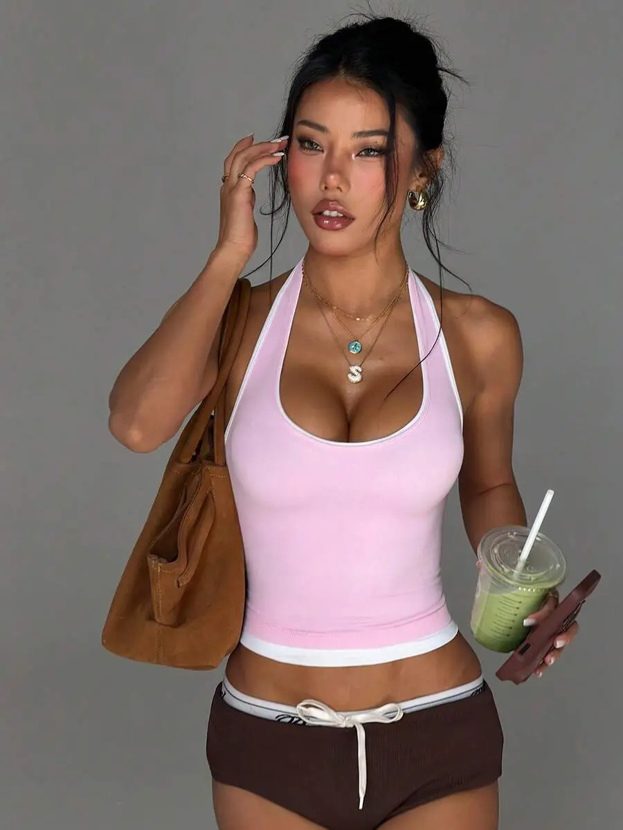 Women's Casual Athletic Pink And White Halter Neck Tank Top With Built In Bra, Summer Yoga Sports Outfit, Contrast Color Fitness Workout Clothes, Gym