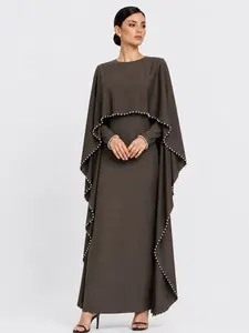 New Muslim Women's Dress with Shawl, Muslim Dresses, Elegant Beaded Long Sleeve Dress, Tie Back Design, Casual Plain Pattern, All Seasons Wear