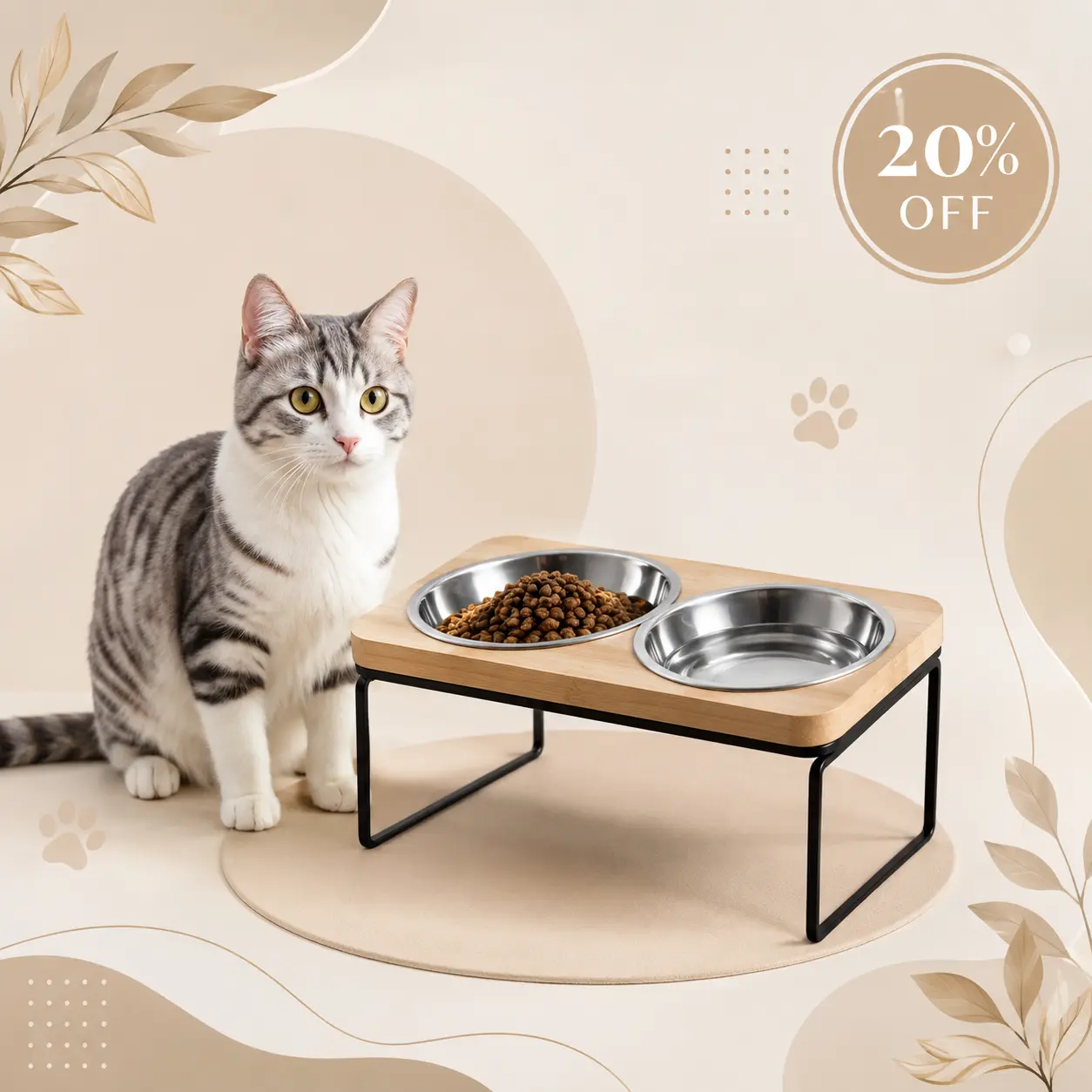 Cat Bowls Elevated Set with Stand – 15° Tilted Raised Food & Water Bowl Set, Cat Bowls For Whiskers, Stainless Steel Whisker-Friendly Feeding Bowls with Silicone Mat for Indoor Cats, Kittens & Small Pets