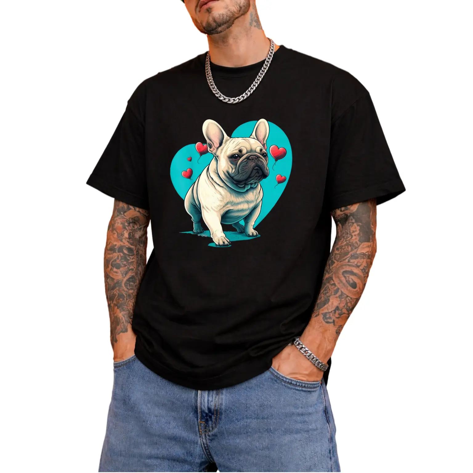 Men's French Bulldog Valentine's Day T-shirt—Adorable French Bulldog-themed apparel featuring heart-shaped cutouts and paw prints, perfect for dog lovers; suitable for all seasons.