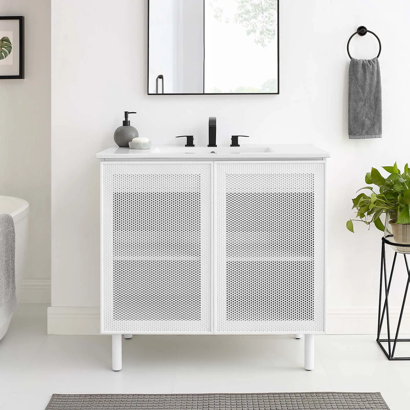 Modway Calla 36" Perforated Metal Modern Bathroom Vanity, Home Improvement Furniture with Storage Cabinet, White, Adjustable